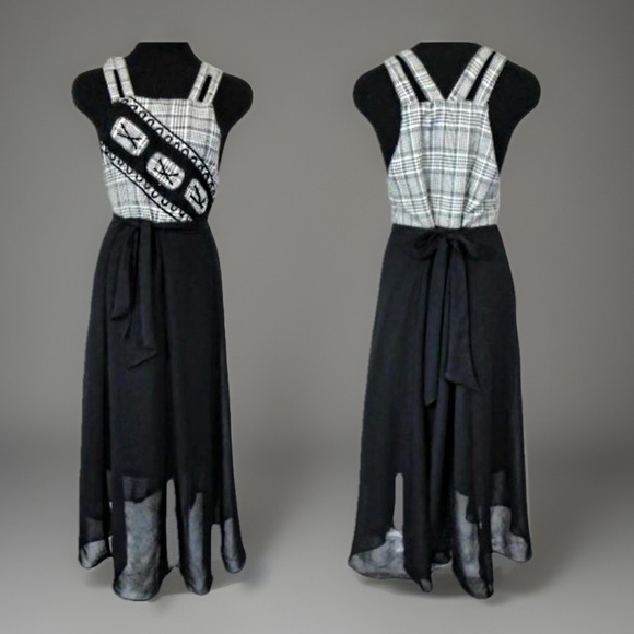 VINTAGE 90s black and white Plaid Long MAXI Dress M - Picture 1 of 8